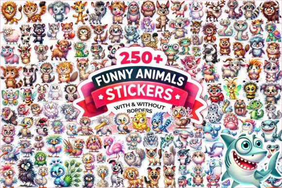 250 Funny Animals Clipart Stickers PNG Bundle