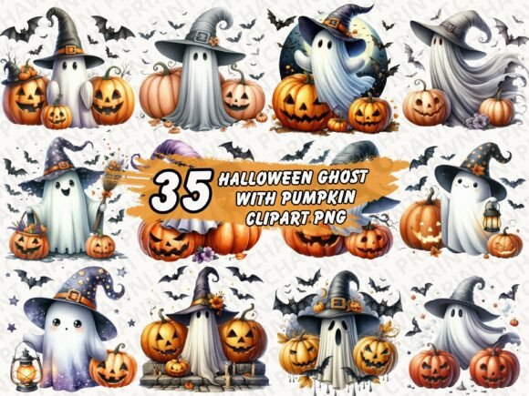 Unleashing Creativity: Halloween Ghost with Pumpkin PNG Bundle for Print-on-Demand Projects
