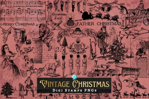 Vintage Christmas Digi Stamps Clipart: Timeless Digital Art for Creative Holiday Projects