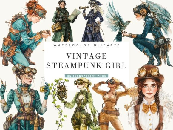 Vintage Steampunk Girl Clipart Bundle