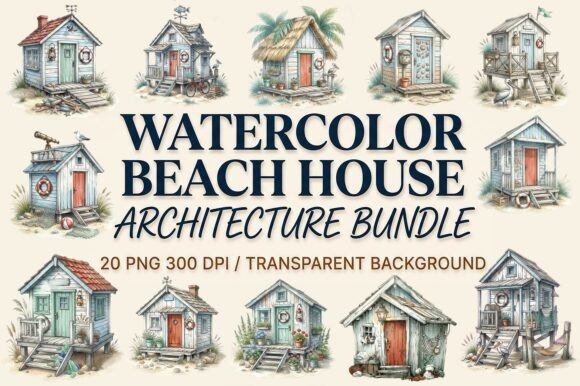 Watercolor Beach House Clipart Bundle