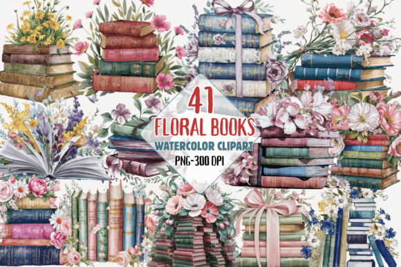 Watercolor Floral Books Clipart PNG Set