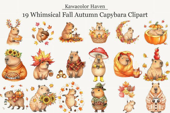 Whimsical Fall Autumn Capybara Clipart